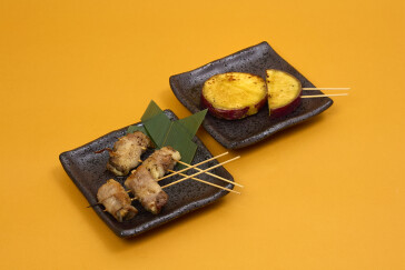 霧島豚のエリンギ肉巻串、さつま芋のバター正油焼