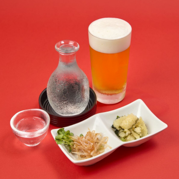 サッポロ生ビールS / 冷酒一ノ蔵 本醸造 (宮城) / おつまみ2種盛り